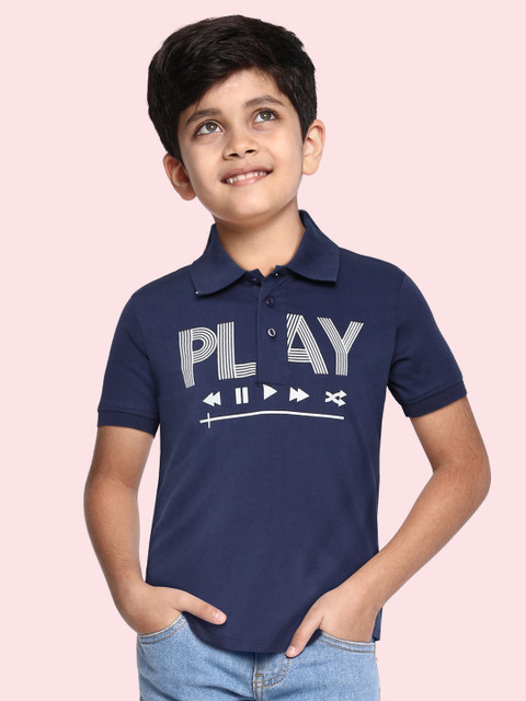 

HERE&NOW Boys Navy Blue Typography Printed Polo Collar Pure Cotton T-shirt