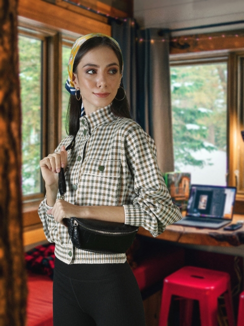 

MANGO Women White Green Checked Tailored Jacket