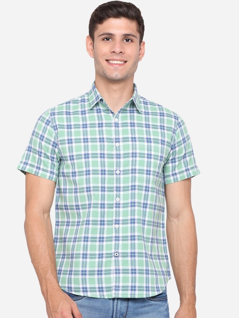 

Greenfibre Men Green & Blue Slim Fit Opaque Checked Cotton Casual Shirt
