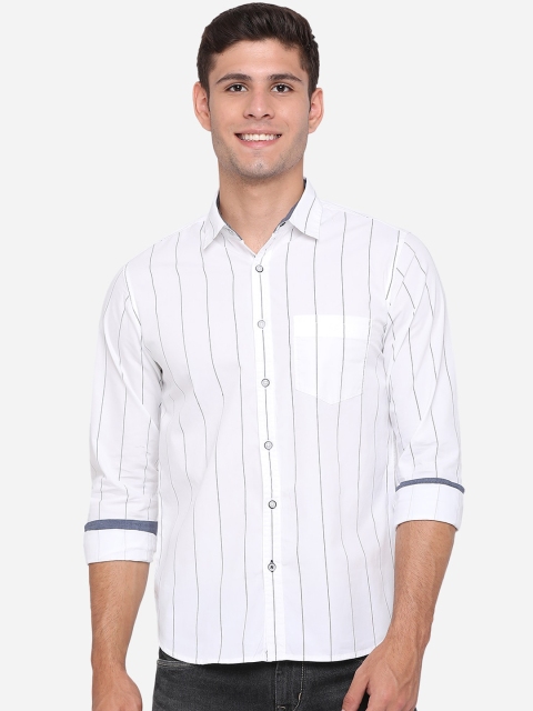 

Greenfibre Men White & Black Slim Fit Striped Cotton Casual Shirt