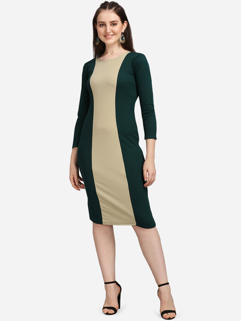 

PURVAJA Women Olive Green & Beige Colourblocked Bodycon Dress