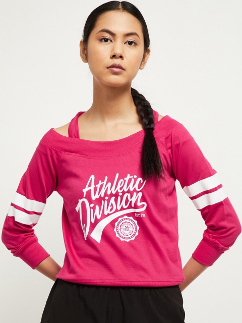 

max Women Fuchsia Typography Printed Pockets T-shirt
