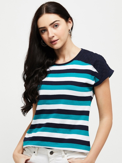 

max Women Navy Blue and Green Striped T-shirt