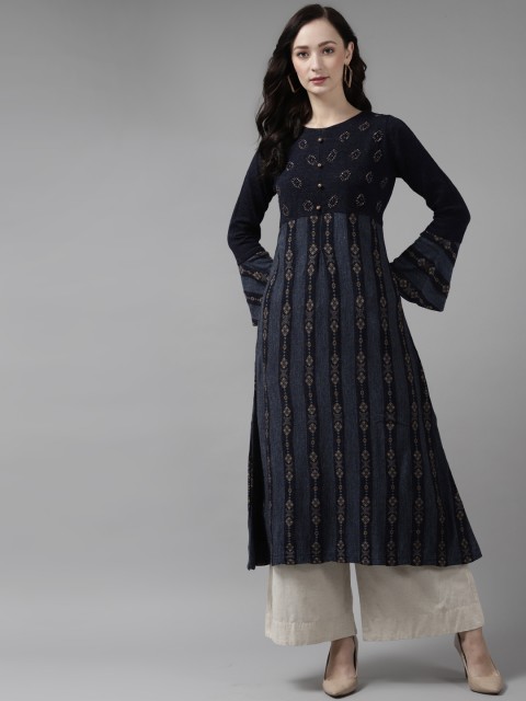 

Cayman Women Navy Blue Woven Design Bell Sleeves Woolen Kurta