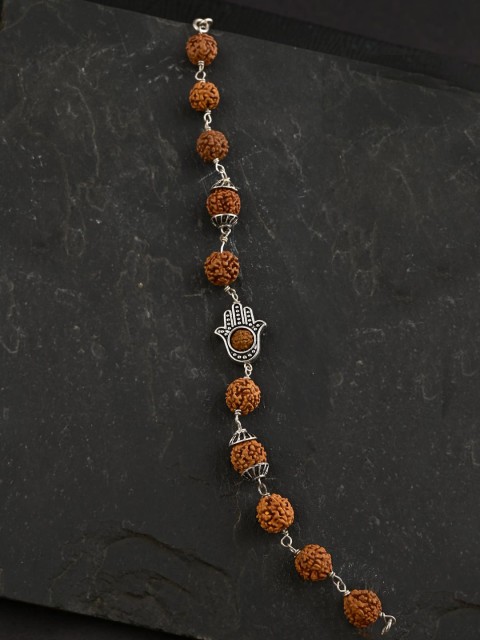 

Tistabene Men Silver-Toned & Brown Silver-Plated Hamsa Rudraksha Charm Bracelet