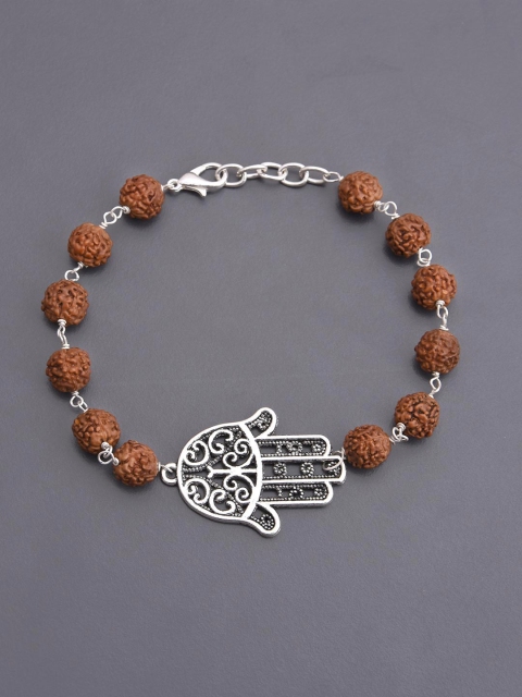 

Tistabene Men Silver-Plated & Brown Hamsa Hand Rudraksha Charm Bracelet