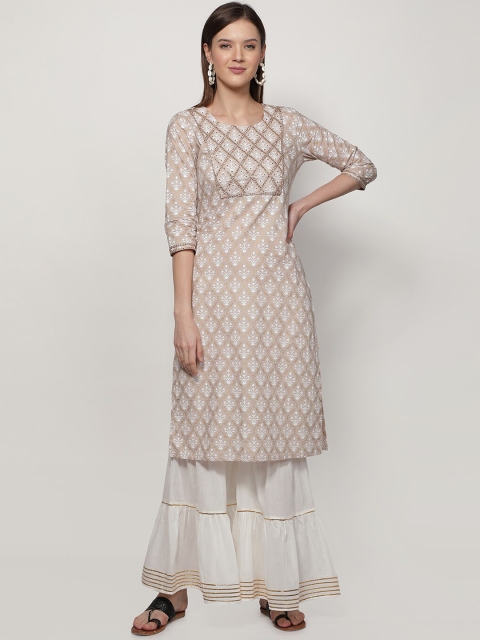 

Dipsha Women Beige Floral Printed Regular Pure Cotton Kurta with Sharara