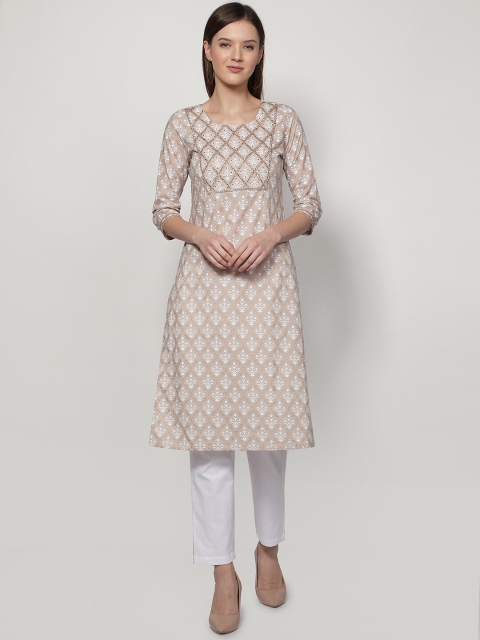 

Dipsha Women Beige Floral Printed Regular Sequinned Pure Cotton Kurta with Trousers