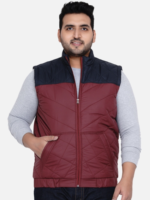 

John Pride Men Maroon & Navy Blue Colourblocked Quilted Jacket