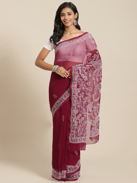 

ADA Burgundy & White Hand Embroidered Poly Georgette Chikankari Saree