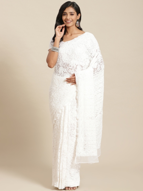 

ADA White Ethnic Motifs Hand Embroidered Poly Georgette Chikankari Saree