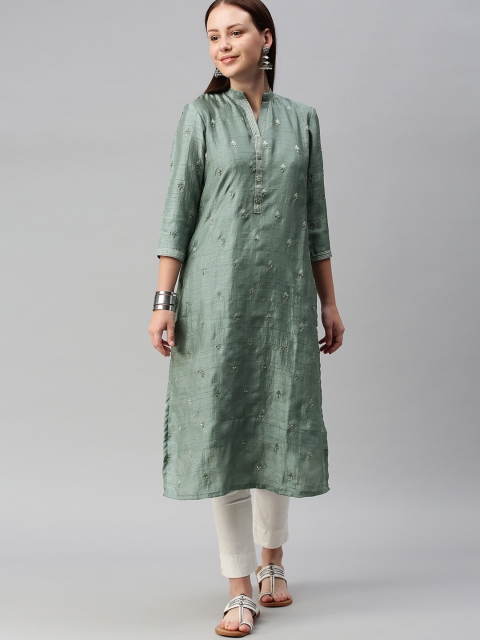 

ETIQUETTE Women Green Ethnic Motifs Embroidered Chanderi Silk Chanderi Silk Kurta