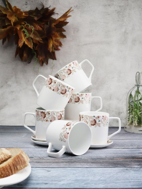 

CLAY CRAFT 12 Pcs White & Pink Floral Printed Ceramic Glossy Cups & Coaster