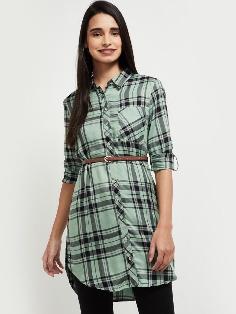 

max Green & Black Viscose Rayon Shirt Collar Checked Tunic