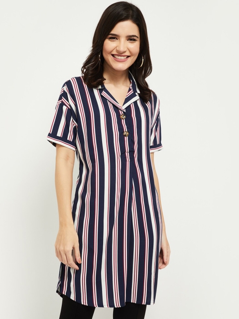 

max Navy Blue & White Lapel Collar Striped Tunic