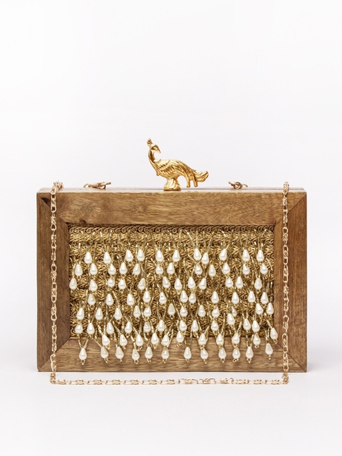 

ARTFLYCK Brown & Gold-Toned Embellished Wooden Pearl Box Clutch