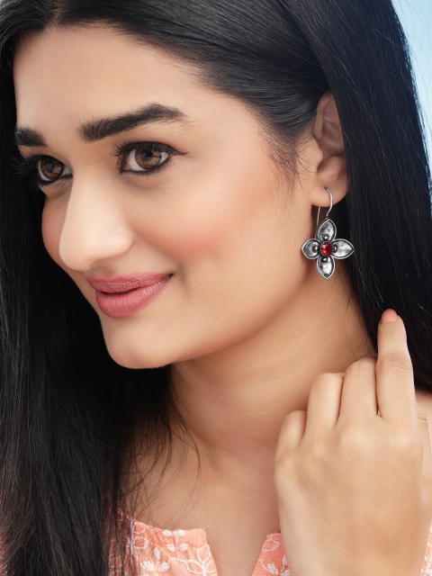 

Anouk Silver-Plated Artificial Stone Studded Oxidised Floral Drop Earrings
