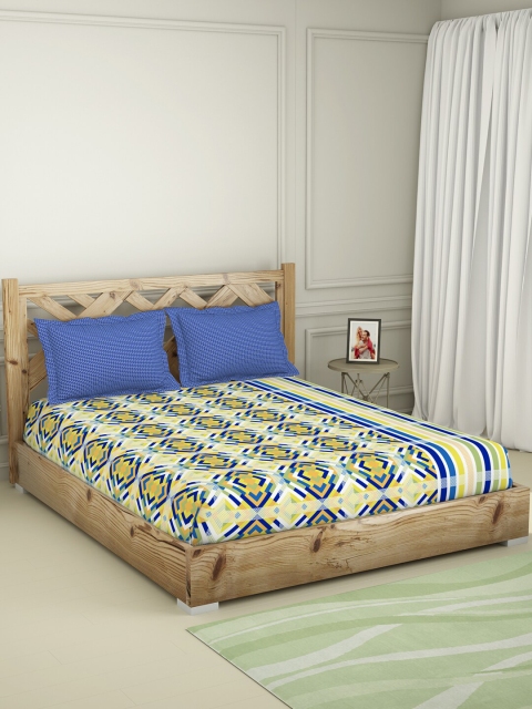 

SPACES Yellow & Blue Geometric 144 TC King Bedsheet with 2 Pillow Covers
