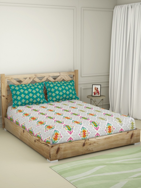 

SPACES Off White & Green Ethnic Motifs 144 TC Cotton King Bedsheet with 2 Pillow Covers