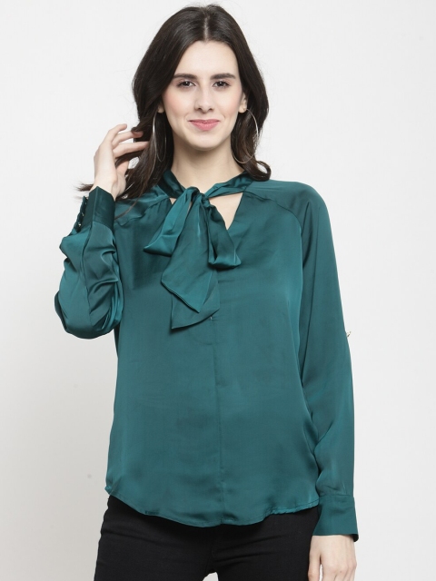 

Purple State Women Teal Tie-Up Neck Regular Top