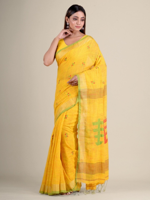 

Mitera Yellow & Green Checked Zari Pure Cotton Saree