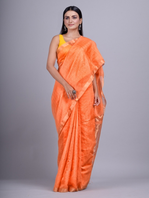 

Mitera Orange Silk Cotton handwoven zari Saree