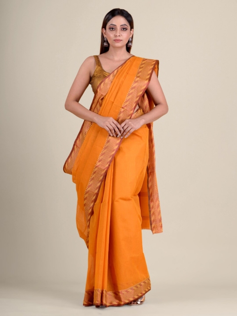 

Mitera Orange & Brown Zari Handwoven Pure Cotton Taant Saree