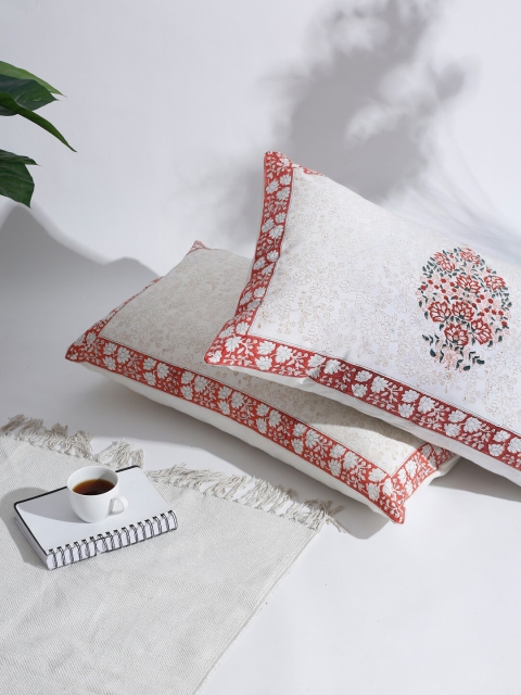 

Fabindia Set Of 2 White & Orange Cotton Woven Solid Pillow Covers