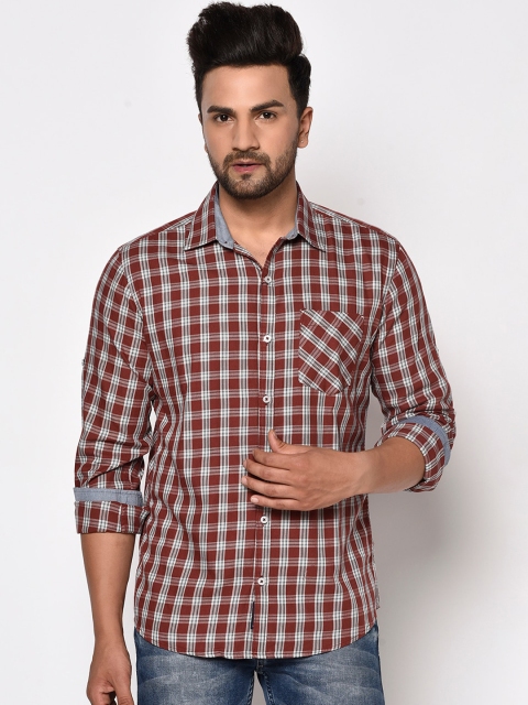 

METTLE Men Coral & White Checked Casual Shirt