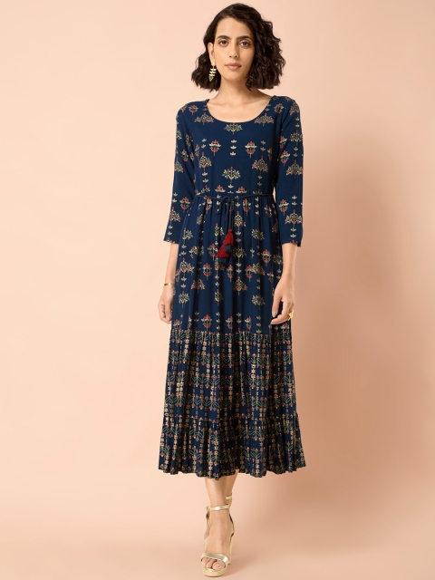 

INDYA Women Blue Floral Tassel Belted Tiered Dress