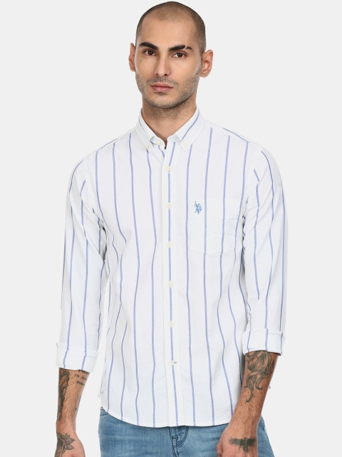 

U S Polo Assn Men White & Blue Striped Cotton Casual Shirt