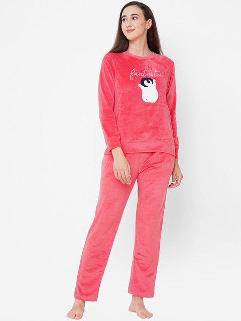 

Sweet Dreams Women Pink Embroidered Winter Night Suit