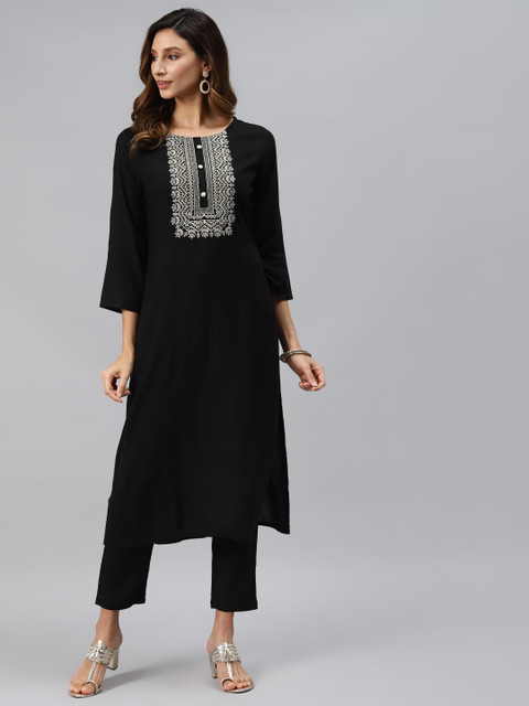 

Readiprint Fashions Women Black Ethnic Motifs Yoke Design Regular Kurta with Palazzos