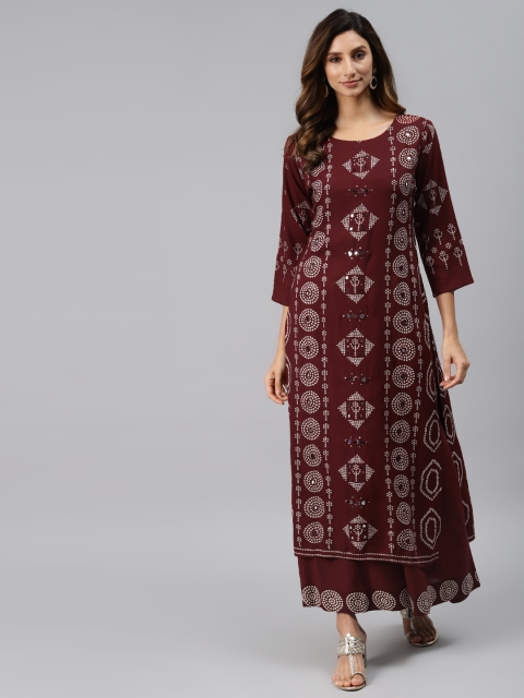 Readiprint Fashions Women Maroon & White Bandhani Print Kurta with Palazzos