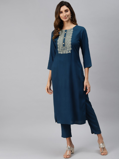 

Readiprint Fashions Women Teal Blue Ethnic Motifs Yoke Design Regular Kurta with Trousers