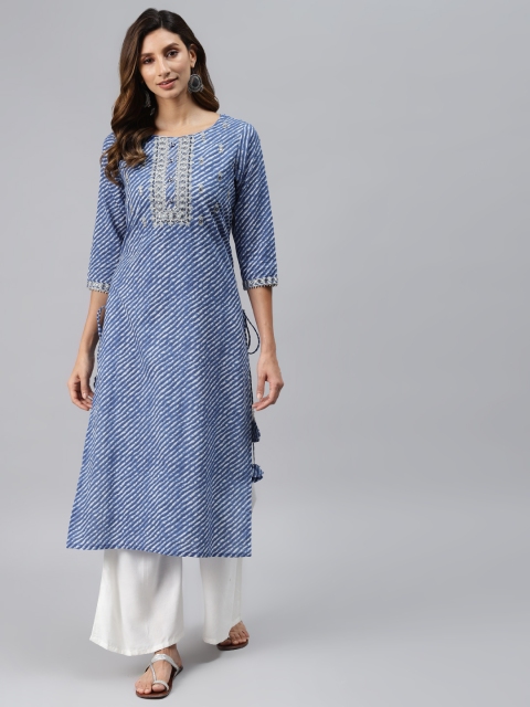 

Readiprint Fashions Women Blue & Off White Leheriya Printed Mirror Work Kurta