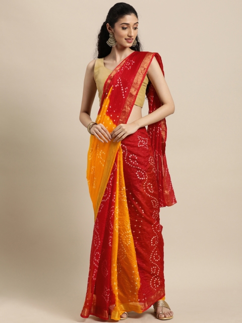 

Mitera Yellow & Red Bandhani Art Silk Handcrafted Saree