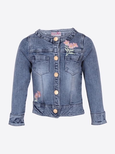 

CUTECUMBER Girls Blue Denim Jacket with Embroidery