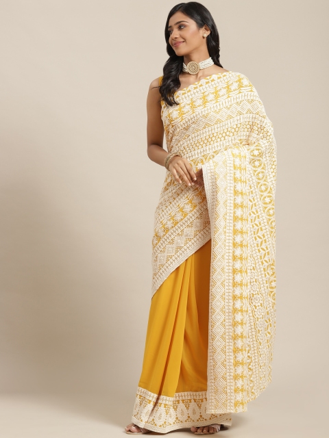 

Libas Mustard & White Floral Embroidered Pure Georgette Saree