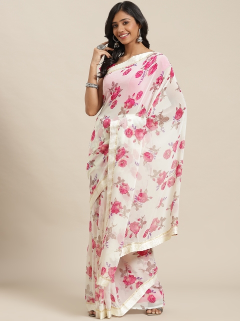

Libas Cream-Coloured & Pink Floral Pure Georgette Saree