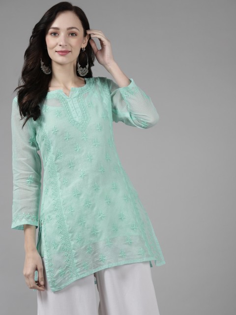 

ADA Sea Green Ethnic Motifs Embroidered Chikankari Kota Kurti with a Matching Slip