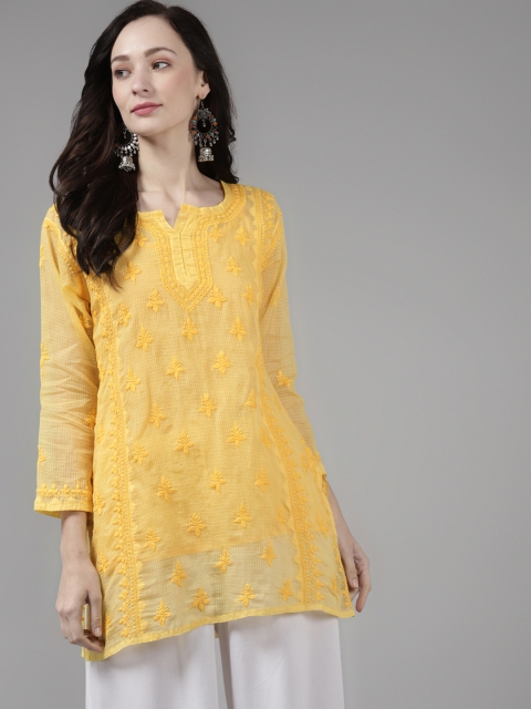 

ADA Yellow Ethnic Motifs Embroidered Chikankari Kota Kurti with a Matching Slip