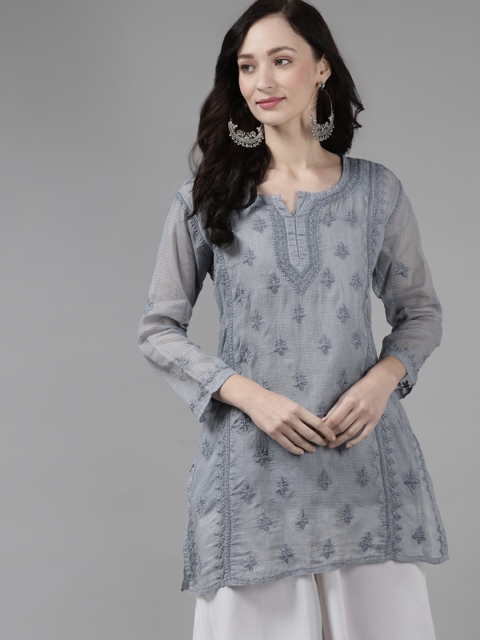 

ADA Grey Ethnic Motifs Embroidered Chikankari Kota Kurti with a Matching Slip