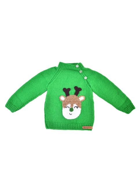 

The Original Knit Unisex Kids Green & Brown Handmade Deer Applique Pullover Sweater