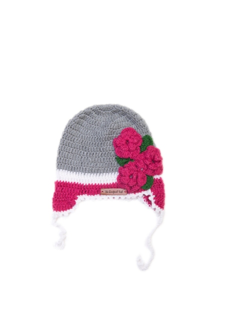 

The Original Knit Girls Grey & Magenta Knit Crochet Flower Embroidered Beanie