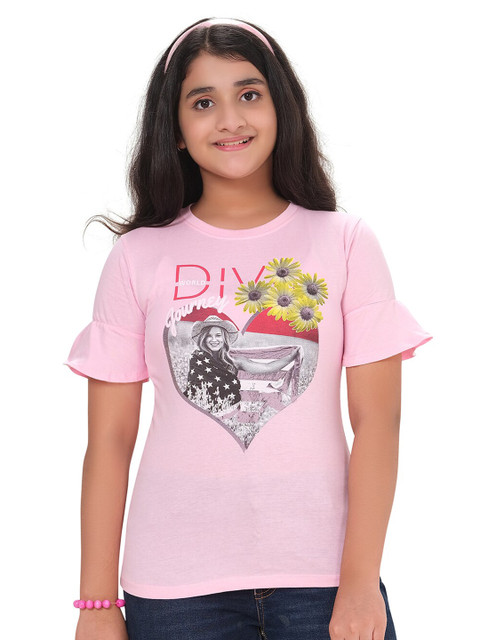 

ORANGE PUMPKKIN Girls Pink & Grey Printed Pure Cotton Regular Top