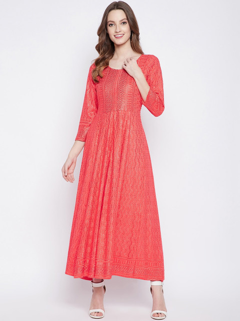 

TULIP 21 Women Coral Embroidered Ethnic Maxi Dress