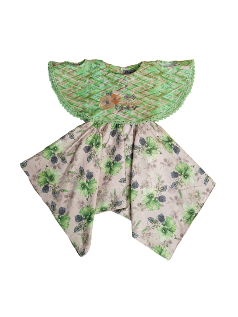 

Enfance Girls Green & Grey Floral Printed Asymmetric Dress