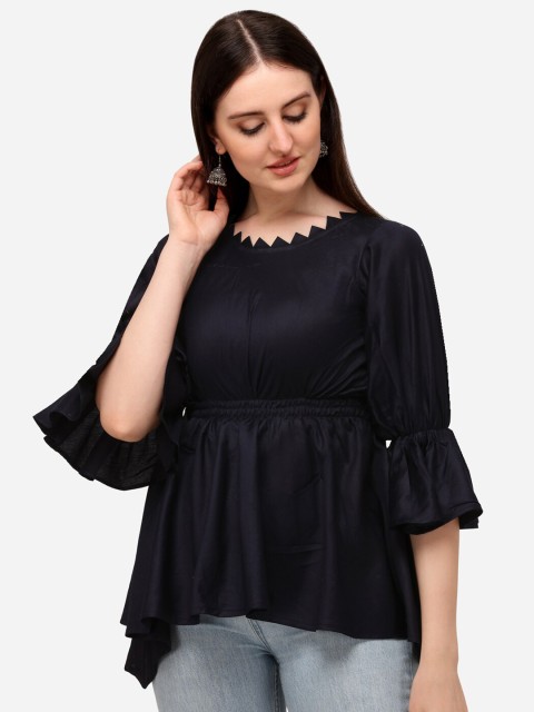 

VENISA Navy Blue Satin Cinched Waist Top