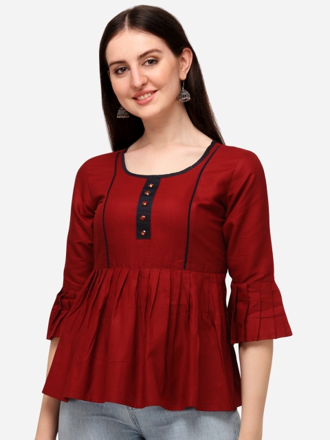

VENISA Maroon Satin Pleated Peplum Top